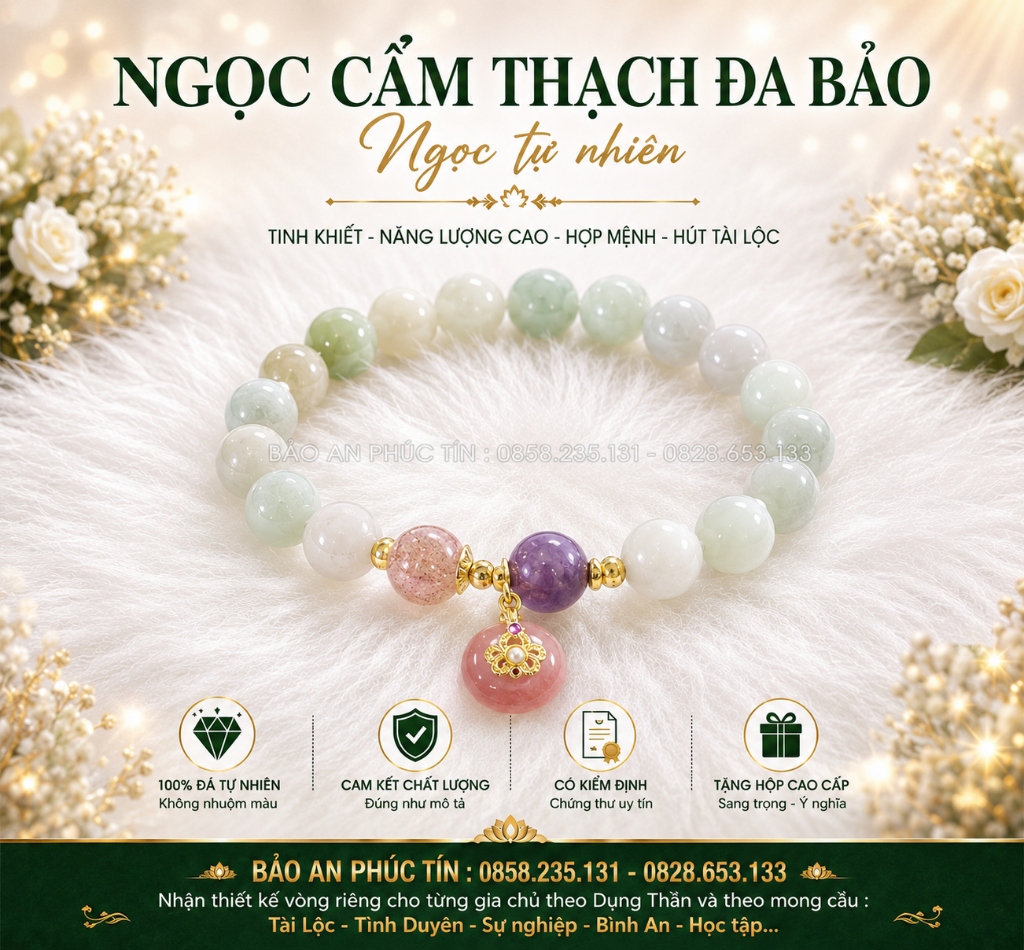Ngọc Cẩm Thạch Đa Bảo Phối Thạch Anh Dâu Tây, Tím & Đồng Điếu